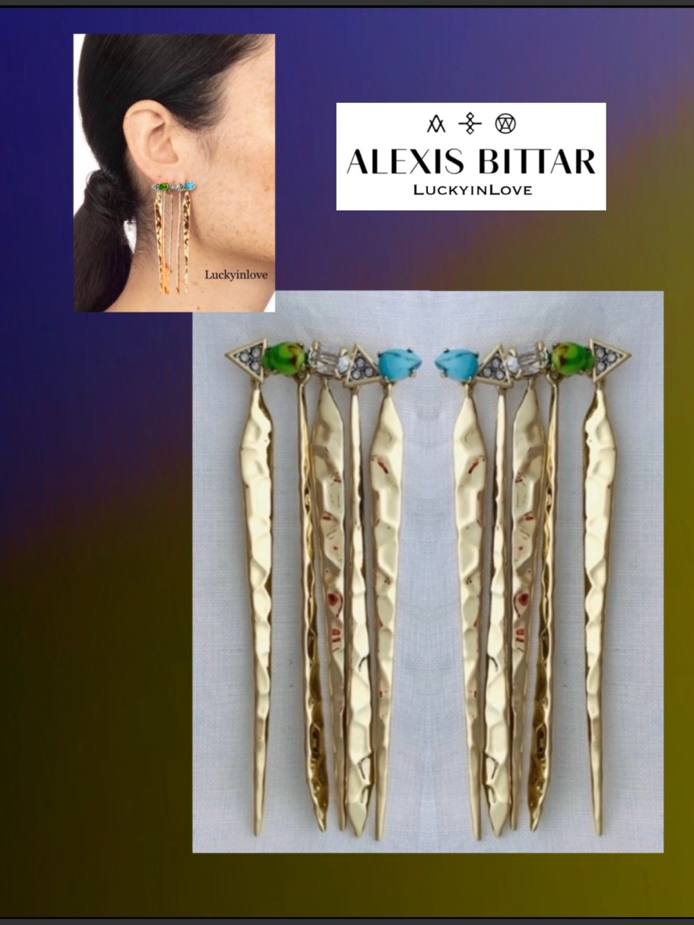 ALEXIS BITTAR Gold Green Blue Stone Gemstone Bar Hammered Metal Fringe Earrings